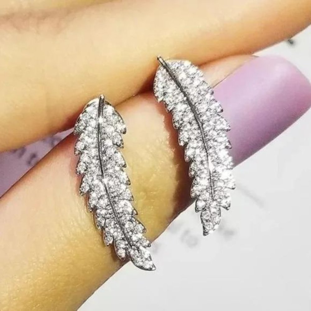 NEW DIAMOND 925 STERLING SILVER LEAF EARRINGS, BEAUTIFUL EARRINGS, CUTE EARRINGS